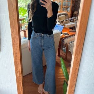 High rise wide leg medium wash denim jeans, size 2